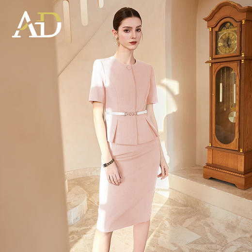 AD粉色职业装两件套女夏季短袖西服收腰高级感西装套装裙经理正装 商品图2