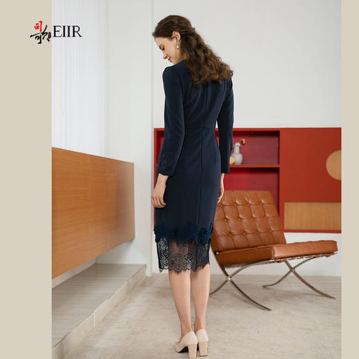 司歌弹力收腰拼蕾丝长袖连衣裙v领春秋A901220X 商品图3