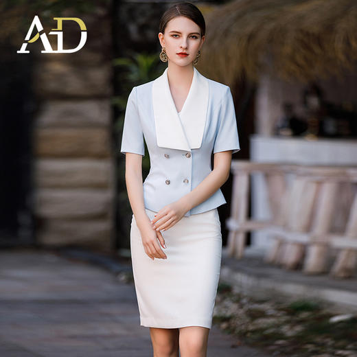 AD夏季职业套装女2024新款短袖西装套裙法式翻领蓝色美容院工作服 商品图2