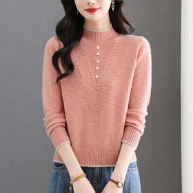 CC2025年秋冬新款米色半高领针织衫女撞色边纽扣装饰显瘦打底衫上衣