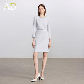 AD高级千金长袖连衣裙女2025新款秋冬灰色系带显瘦a字短裙毛呢裙