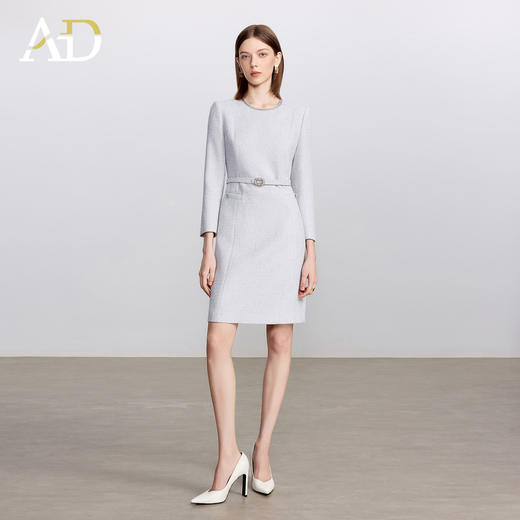 AD高级千金长袖连衣裙女2025新款秋冬灰色系带显瘦a字短裙毛呢裙 商品图0