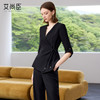 艾尚臣黑色西装套装女2025夏新款七分袖系带职业西服微喇裤两件套 商品缩略图1