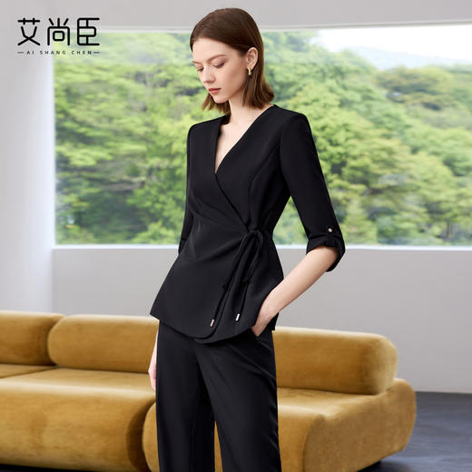 艾尚臣黑色西装套装女2025夏新款七分袖系带职业西服微喇裤两件套 商品图1
