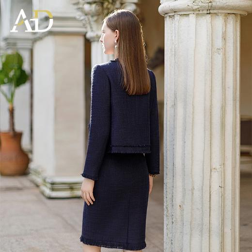 AD小香风职业套装裙女秋冬新款毛边编织开衫短外套藏青色两件套 商品图4