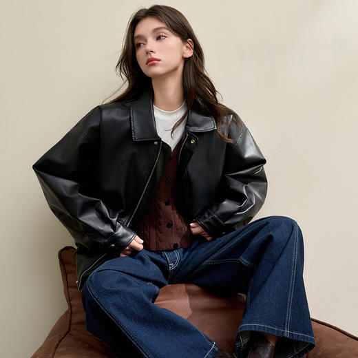 美拉德美式复古机车风PU皮外套女秋季翻领皮衣夹克V0043973 商品图2