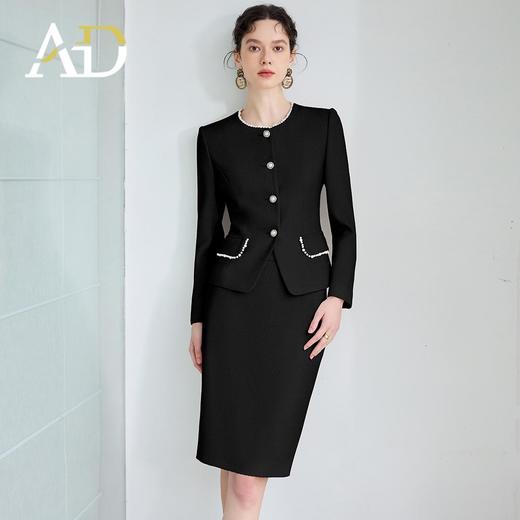 AD法式通勤西装套装女高级感珍珠圆领长袖外套黑色职业装正装半裙 商品图2