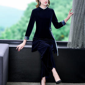 2025秋冬新款中年妈妈立领中国风撞色刺绣中长款上衣两件套套装