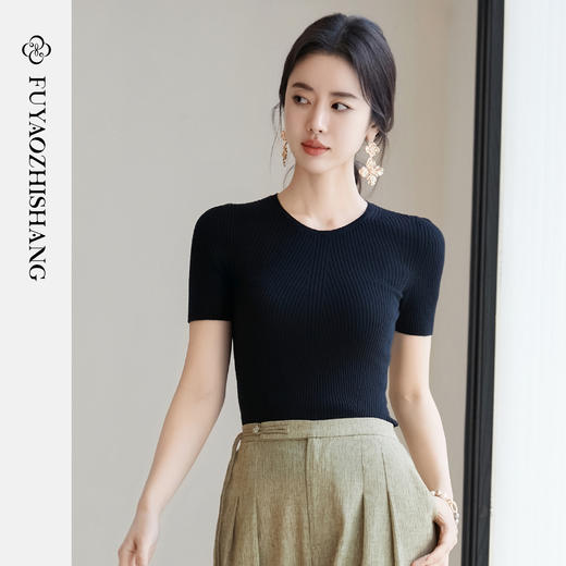 FUYAO扶摇 2025夏季天丝针织T恤女圆领短袖小衫修身显瘦短袖上衣 商品图3