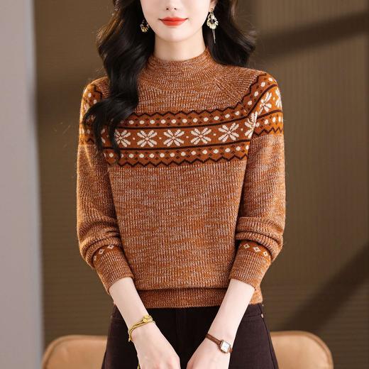 CC半高领雪花提花针织衫女秋冬季2025年复古酒红色显瘦套头打底毛衣 商品图3