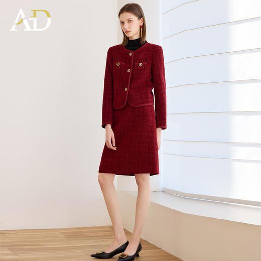 AD法式肌理感红色小香风套装裙女秋冬时尚金属扣气质名媛外套约会 商品图3