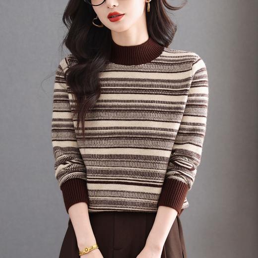 CC优雅时尚半高领条纹针织衫女秋冬新款修身显瘦撞色毛衣百搭打底衫 商品图1