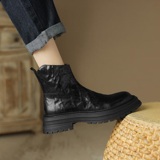 【预售5天】厚底马丁靴女英伦风侧拉链秋冬新款真软皮复古圆头粗跟短靴MDY&M1317-7 商品图1