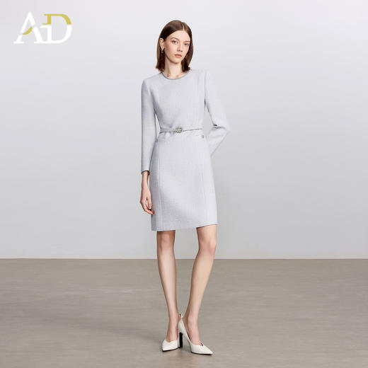 AD高级千金长袖连衣裙女2025新款秋冬灰色系带显瘦a字短裙毛呢裙 商品图2