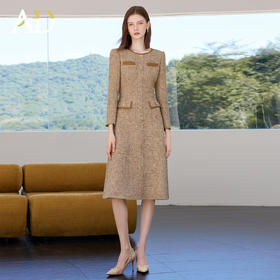 AD秋冬新款卡其色小香风连衣裙精致名媛法式粗花呢轻奢气质中长裙
