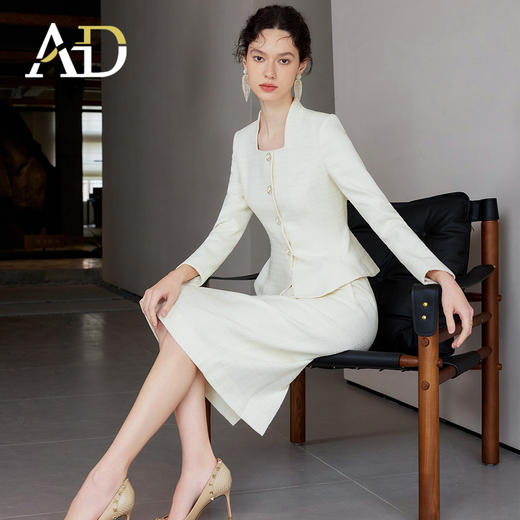 AD富家千金感穿搭套装米白色亮丝混纺小香风正装套装气质职业装冬 商品图4