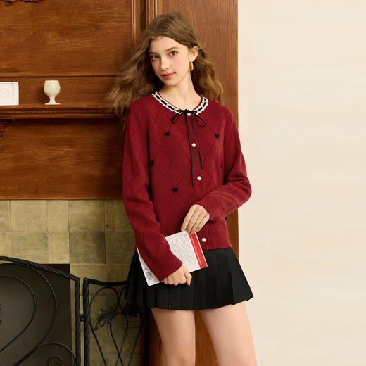 三彩2025冬季新款圆领针织衫花边拼接毛衫开衫优雅S 商品图1