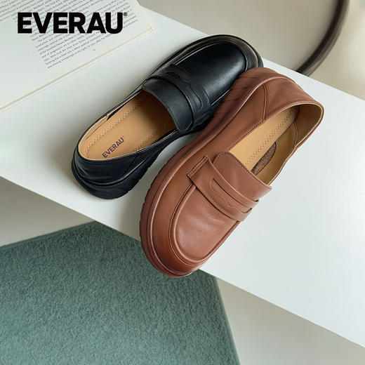 EVERAU复古牛皮鞋面随性别致氛围感女士乐福鞋EA7084 商品图0
