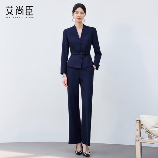 艾尚臣2025新款藏青色时尚套装V领显瘦酒店前台职业装气质工作服 商品图3