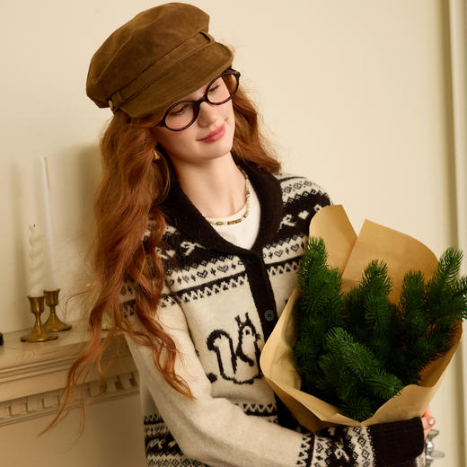 三彩2025冬季新款趣味学院开衫小松鼠提花针织衫外套毛衫休闲S 商品图3