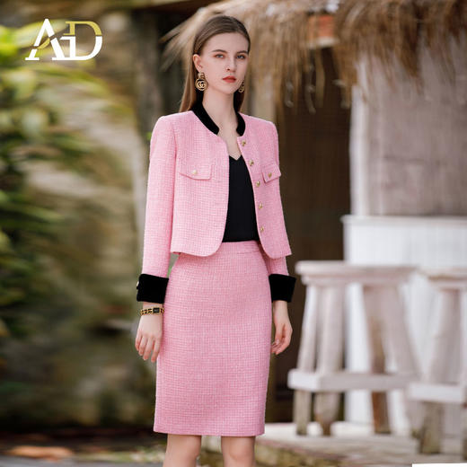AD小香风套装女2024秋装新款西装外套粉色粗花呢两件套名媛正装裙 商品图0