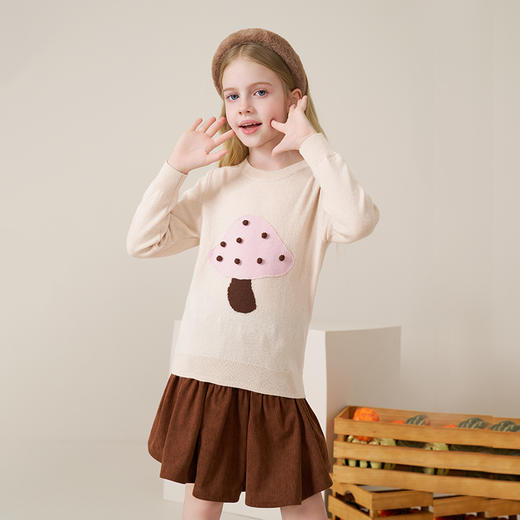 mettekids儿童100%羊绒衫2025秋冬女童可爱蘑菇针织圆领套头毛衣 商品图1