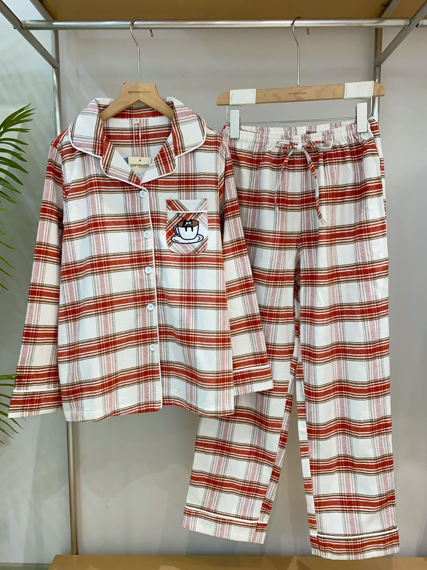 松植屋秋冬女款《茶杯猫》加厚磨毛绒布长袖睡衣套装100%全棉绒布家居服