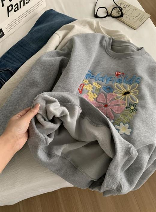 重工毛巾绣加绒套头卫衣！女韩系减龄蘑菇花朵刺绣上衣外套2025秋冬！ 商品图4