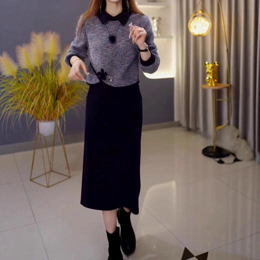 QYM 小香风套装连衣裙娃娃领上下两件套 商品图1