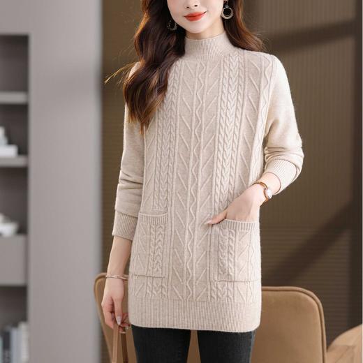 CC半高领套头毛衣女秋冬季麻花带口袋宽松显瘦百搭打底中长款针织衫 商品图2