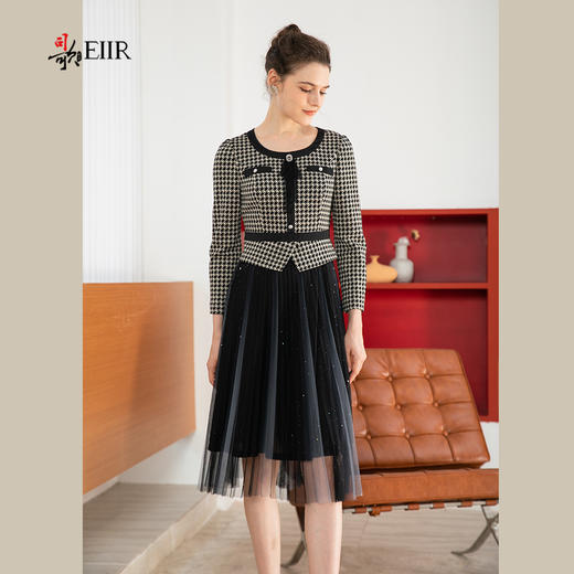 司歌格纹假两件拼网纱连衣裙收腰长袖秋冬A901259X 商品图4