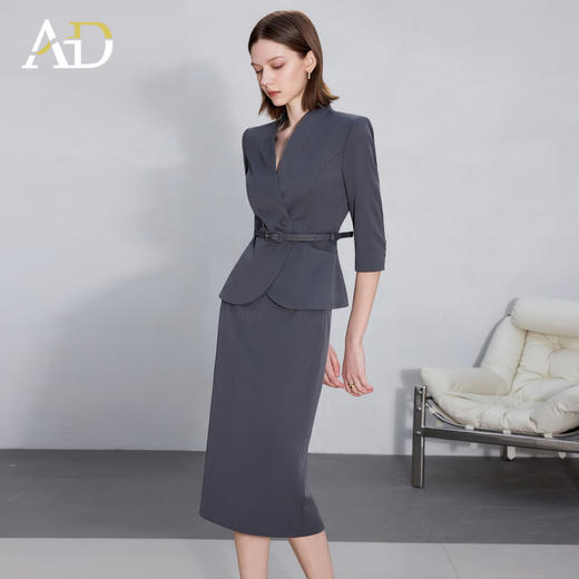 AD高级感灰色西装套装女士职场两件套2025新款七分袖工作服正装裙 商品图0