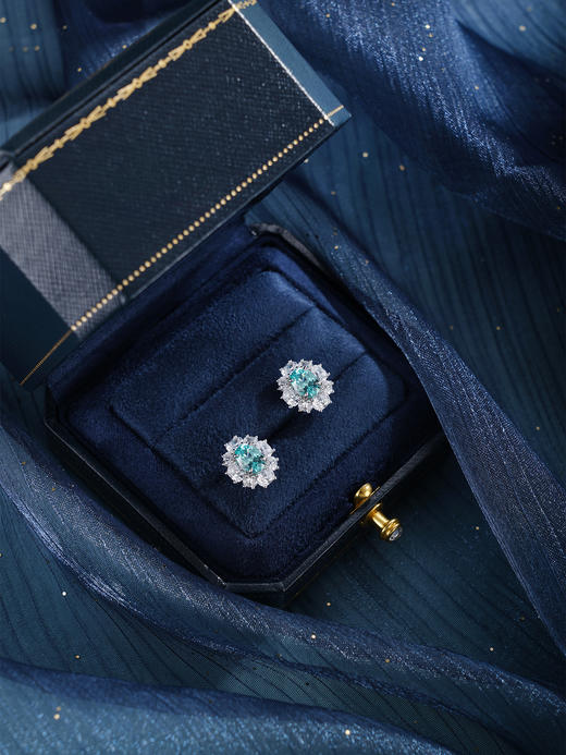 子佩集【蔚蓝花海】S925银耳钉【EM3050-XF】培育宝石帕拉伊巴蓝碧玺椭圆2510 商品图0