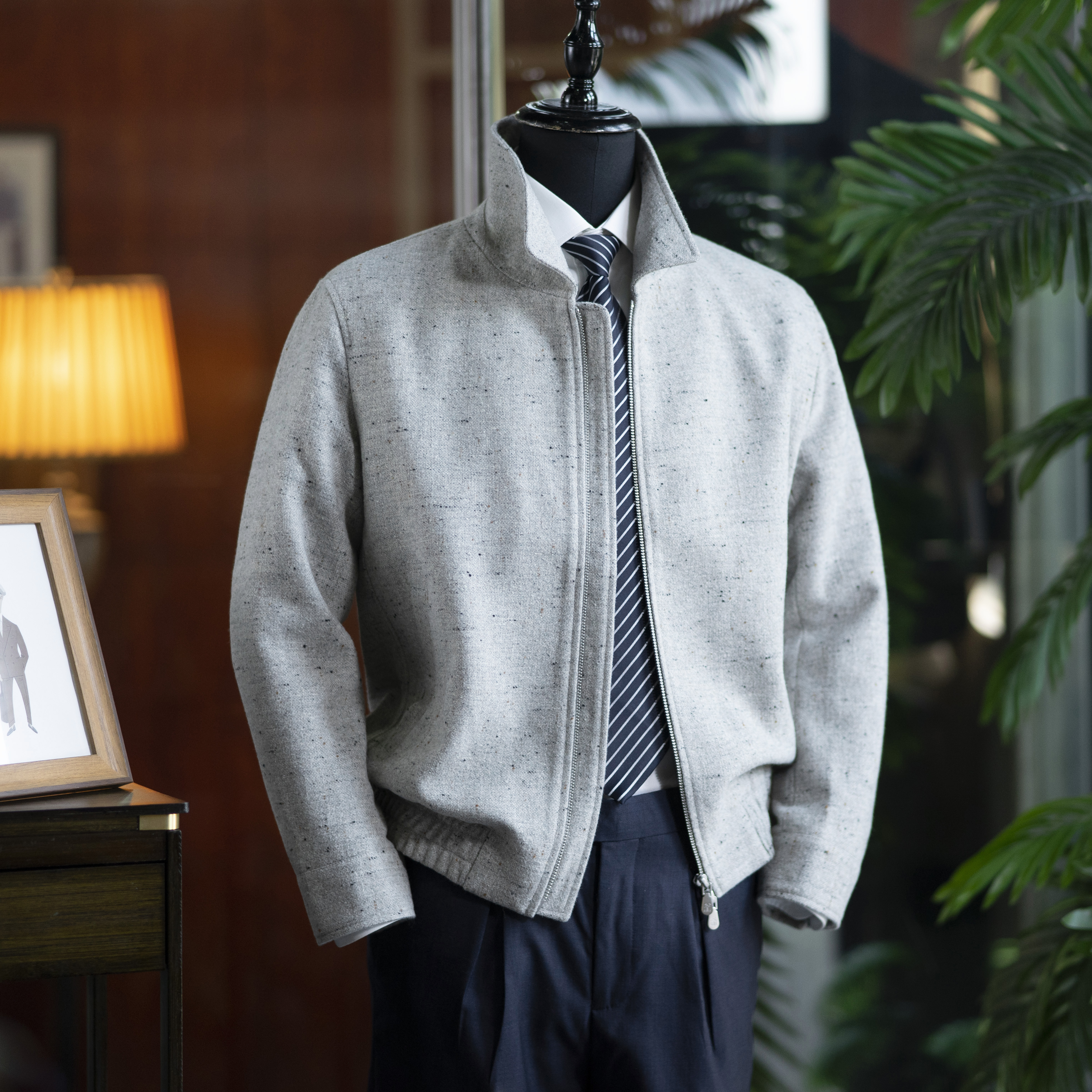 新款男士羊毛混纺花纱灰飞行短夹克