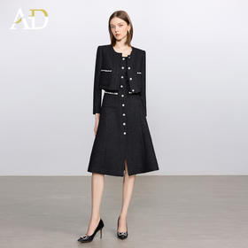 AD财阀千金重工小香风套装裙女冬季气质黑色短外套粗花呢连衣裙