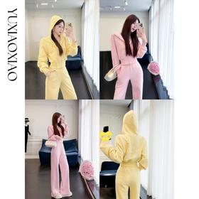 余潇潇【猫咪派对】加绒连帽双拉链卫衣外套&高腰阔腿裤运动套装