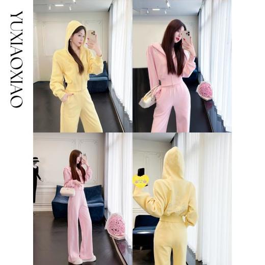 余潇潇【猫咪派对】加绒连帽双拉链卫衣外套&高腰阔腿裤运动套装 商品图0