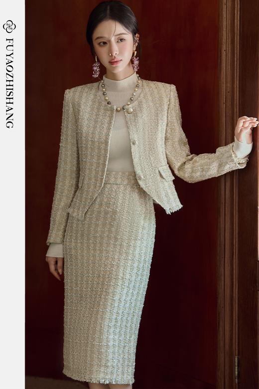 FUYAO扶摇 复古西服套装秋冬名媛小香风穿搭粗花呢加厚西装两件套 商品图5