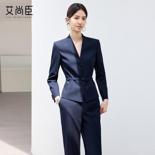 艾尚臣2025新款藏青色时尚套装V领显瘦酒店前台职业装气质工作服 商品图0