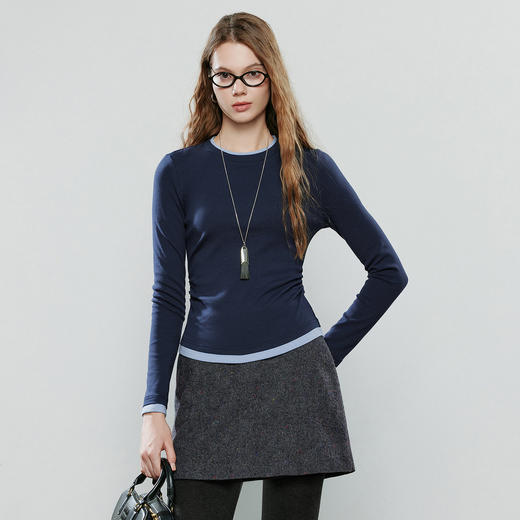 初语拼接假两件修身软弹收褶T恤8541003 商品图1