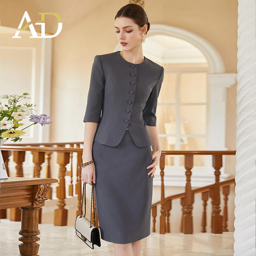AD奢华大气名媛范西装套装女深灰色通勤职业装盐系轻熟两件套装裙 商品图2