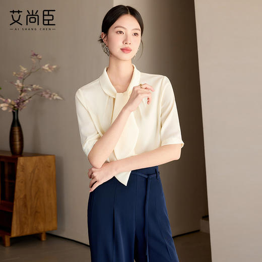 艾尚臣高级感雪纺衬衫女夏季短袖衬衣通勤百搭夏季小香风杏色上衣 商品图2