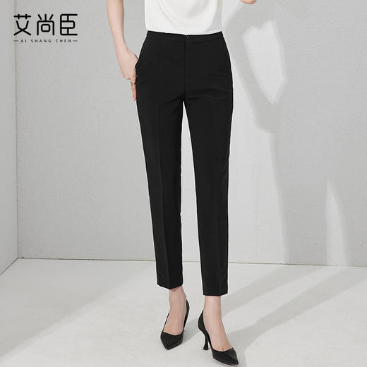 艾尚臣黑色西装裤女春秋大码中高腰直筒小个子西裤显瘦垂感烟管裤 商品图0