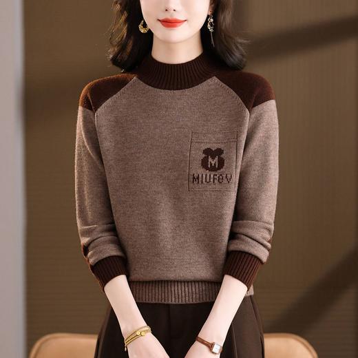 CC2025秋冬拼色半高领毛衣女卡通字母口袋针织衫显瘦长袖内搭打底衫 商品图2