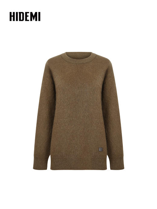 HIDEMI 藏地可溯源牦牛绒系列长毛拉毛圆领廓形麂皮拼接厚款大毛衣 商品图7