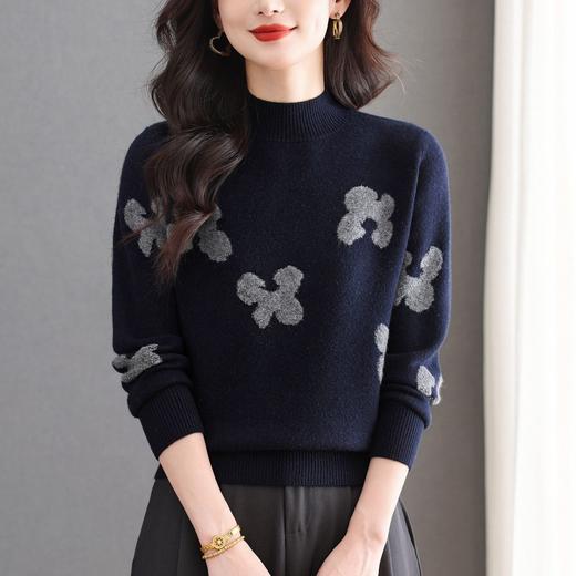 CC优雅时尚半高领针织衫女秋冬新款提花宽松显瘦毛衣保暖百搭打底衫 商品图3