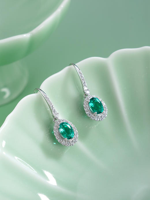 子佩集【翠御玲珑】S925银耳环【EM3085-1-XF】培育宝石祖母绿椭圆耳钩2510 商品图4