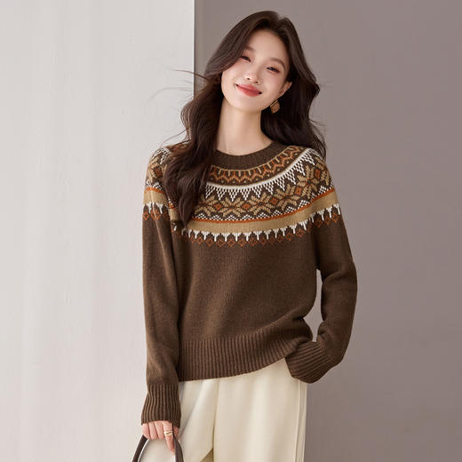 CC100纯羊毛费尔岛圆领毛衣女秋冬厚款慵懒风提花针织打底衫内搭 商品图2