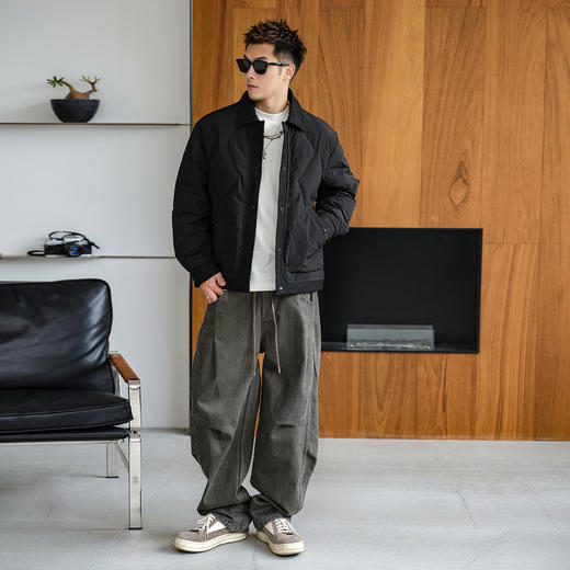 徐太浪【菱形格 按扣开襟】黑色翻领羽绒服男冬季大码防寒服外套 商品图2