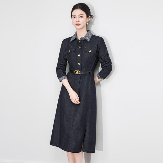 「高货wl」全新升级【铂金会员349/天猫469/差价120】(05651)洛诗琳休闲通勤OL风连衣裙2025新款复古收腰撞色牛仔裙 商品图0